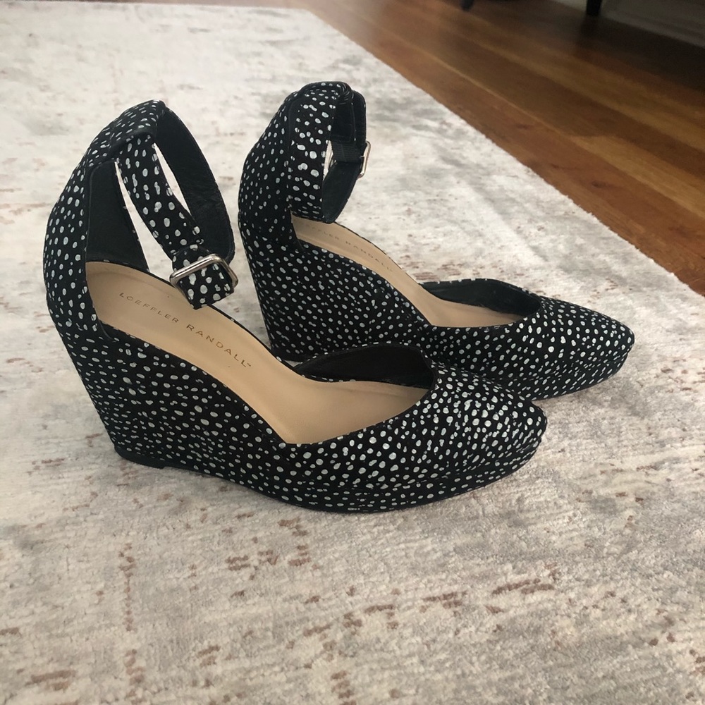 Loeffler Randall Black & White Dot Wedge Pumps with Ankle Strap